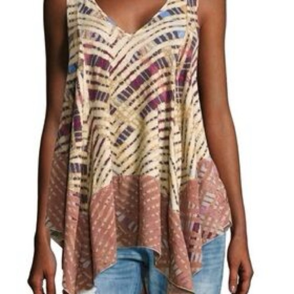Free People Day Dreamers Print Tank Top Cami Blouse Handkerchief Hem $88 Retail